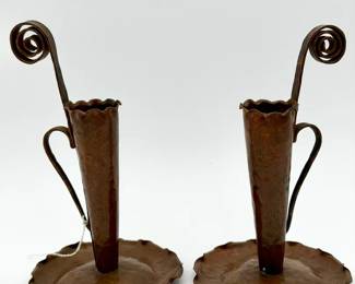 antique, hand-hammered copper candlesticks