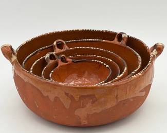 Primitive Rustic Mexican Terracotta Redware Handled Nesting Bowls