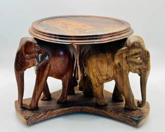 Hand-Carved Wooden Elephant Table with Inlaid Ultraviolet Reactive Tusks