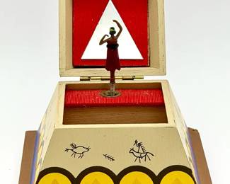 Vintage Wooden Teepee Music Box with Lid Made in Japan Wood Jewelry Box with Music Box Small Wood Bo