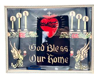 "God Bless Our Home" reverse glass tinsel foil art sign