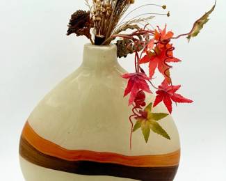 Pier 1 Large Glass Vase Boho Earth Tones Ivory Orange Brown 11”X 10”X 2 1/2”.