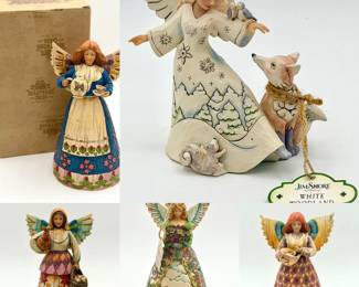 (5) Jim Shore Figurines All figurines are in pristine condition. Some come with boxes as shown. Includes: Jim shore angel of hospitality Jim shore angel of faithfulness Jim Shore blessed be all creatures Jim Shore angel of contentment figurine Jim shore new beginnings figurine