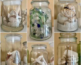(6) Glass Jars of Beach Glass & Seashells