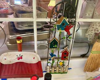 Vintage Cherry Dust Pan, Hand Sweep Broom & Birdhouse Decor