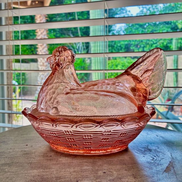 FENTON LG Wright Pink Reissued Carnival glass era "Hen on Nest" Nested Hen 1970's 