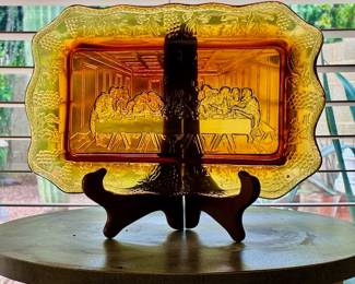 Indiana Glass Company Tiara Exclusives "Lord's Last Supper" Amberina bread tray 70's-80's