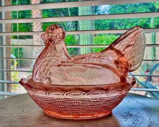 FENTON LG Wright Pink Reissued Carnival glass era "Hen on Nest" Nested Hen 1970's 