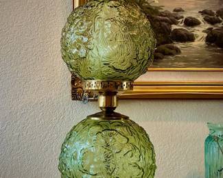 Fenton "Gone with the Wind" style hurricane lamp in the Poppy Sea Mist Green pattern