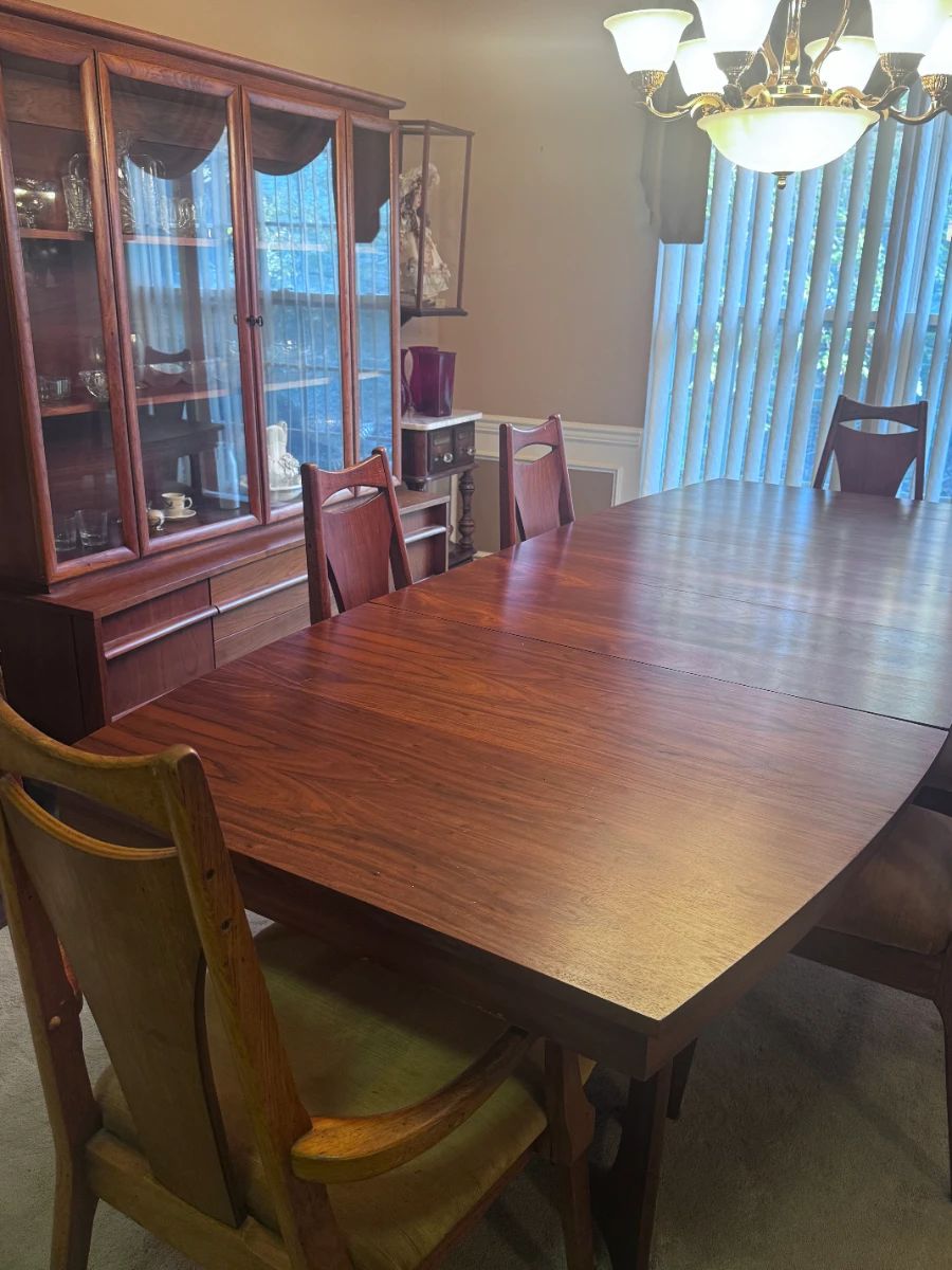 Vintage Danish Teak Expandable Table w/six high back chairs, a tablecover and Teak Glass Front Hutch