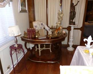 Antique Half Round Demilune Writing Table Desk, Bric-a-brac, Figural Lamp, Marble Pedestal, Figural Statue