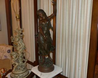 Antique Half Round Demilune Writing Table Desk, Bric-a-brac, figural Lamp, Marble Pedestal, Figural