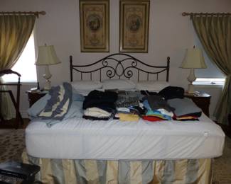 King Sixe Metal Headboard, Mattress & Boxspring, Pair of Night Tables, Pair of Pictures
