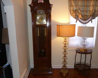 Ridgeway Grandfather Clock, Glass Floor and Table Lamps, Tray Side Table