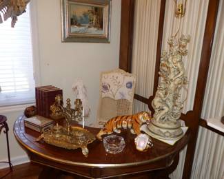 Antique Half Round Demilune Writing Table Desk, Bric-a-brac, figural Lamp, Marble Pedestal, Figural
