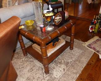 Pair of Leather Recliner With Nailhead Trim, Side Table