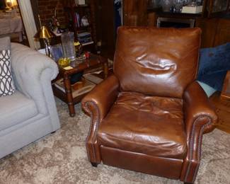 Pair of Leather Recliner With Nailhead Trim, Side Table