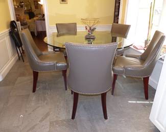 Glass Top Chrome Base Dining Table With 6 Gray Chairs With Nailhead Trim