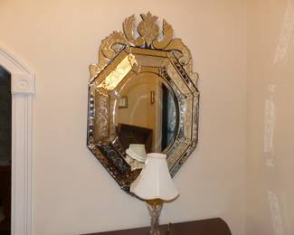 Bombe Chest, Venetian Mirror, Table Lamp