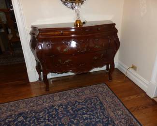 Bombe Chest, Venetian Mirror, Table Lamp