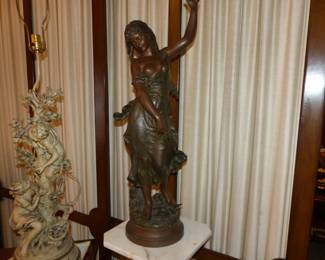 Antique Half Round Demilune Writing Table Desk, Bric-a-brac, figural Lamp, Marble Pedestal, Figural