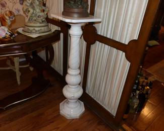 Antique Half Round Demilune Writing Table Desk, Bric-a-brac, figural Lamp, Marble Pedestal, Figural