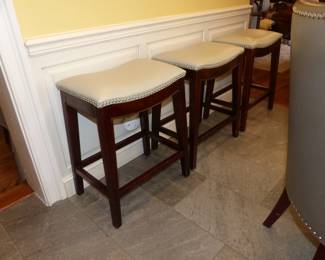 Three Gray Counter Stools With Nailhead Trim