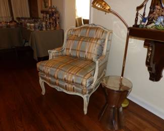 Bergere Chair, Brass Floor Lamp, Chrome Side Pedestal