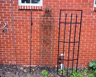 Decorative Metal Garden Trellises, Shepard Hook, & Bird Bath