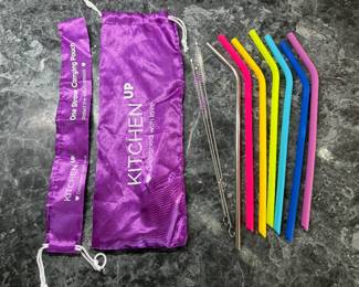 Kitchen Up Reusable Silicone & Stainless Steel Straws Set w/Cleaning Brush & Carrying Bags