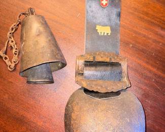 Large Antique Lucerne Swiss Cow Bell W/Leather Strap & Charms & Vtg Cast iron Cow Bell!