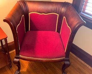 Vtg Mahogany Wrap Around Side Chair W/Red Upholstered Fabric !