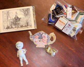 Antique Bisque Kewpie Style Doll, Vintage Matches, B. Shackman 1983 Mini Tea Set & Container!