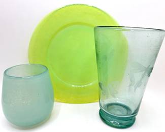 Heavy Glass Vase, Seeded Glass Vase With Etched Butterflies & Glass Serving Platter Lot #: 80