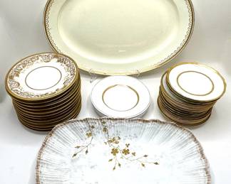 Vintage English China With Gold Accents: Serving Bowl, Dessert Plates, Salad Plates & Tea Cups In 2 Sizes Lot #: 11