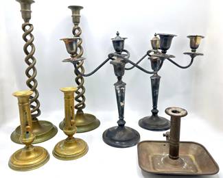 7 Vintage Brass & Silver Plate Candlesticks & Candleabras Lot #: 138