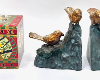 Vintage Iron Gilded Bird Bookends & Hand Painted Indian Wood Box With Birds Lot #: 110