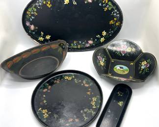 5 Vintage Hand Painted Toleware & Wood Trays, Largest Retailed For $185 Lot #: 102