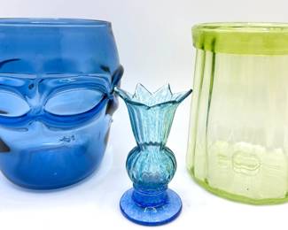 Signed Richard Harkness Blue Art Glass Vase, Green Depression Glass & Bud Vase Lot #: 2