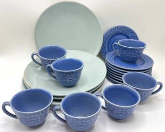 Jars French Stoneware Pottery: 4 Green Dinner Plates, 7 Blue Vine Cups With 8 Saucers Lot #: 117