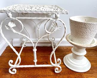 Vintage Wrought Iron Small Bench, Pedestal Stand & Vintage Este Ceramiche Italian Planter Pot Lot #: 51