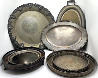7 Large Vintage Silver Plate Platters, Largest With Pewter Strawberries Lot #: 131