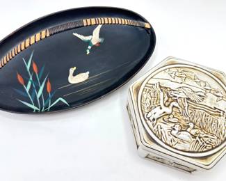 Vintage 1980 Avon Ceramic Trinket Box With Ducks & Hand Painted Wood Basket With Ducks Lot #: 91