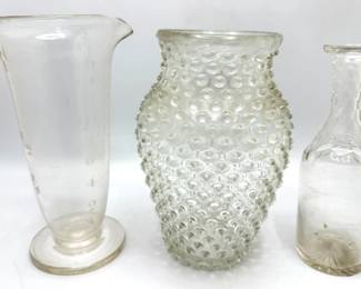 Vintage Barware: Glass Measuring Cup With Etched Numbers, Hobnail Vase & Crystal Vase Lot #: 150