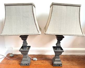 Pair Vintage Pewter Lamps Wth Silk Shades Lot #: 36
