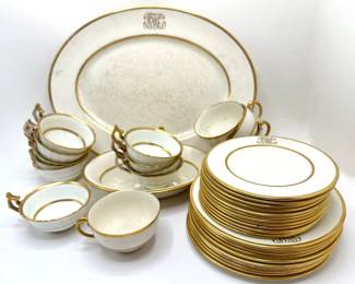 Vintage English China With Gold Accents: Serving Bowl, Dessert Plates, Salad Plates & Tea Cups In 2 Sizes Lot #: 11
