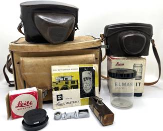 The Sportmans Leather Camera Bag, 2 Vintage Leica Cases, Leica Light Meter In Original Box & Box For Leica Len Lot #: 39