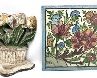 Antique Cast Iron Tulip Door Stop & Tile Trivet Lot #: 74
