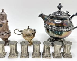 Sterling Silver Salt Shaker, Silver Plate Teapot & Condiment Dish With Cobalt Interior & 6 Mini Shakers Lot #: 129