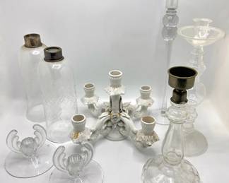 Vintage Italian Rococo Candelabra, 5 Vintage Glass Candle Holders & 2 Hurricanes Lot #: 149